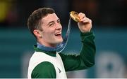 3 August 2024; Rhys McClenaghan of Team Ireland with his gold medal after winning the men's pommel final at the Gymnastics Bercy Arena during the 2024 Paris Summer Olympic Games in Paris, France. Photo by David Fitzgerald/Sportsfile