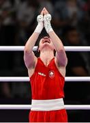 3 August 2024; Kellie Harrington of Team Ireland celebrates defeating Beatriz Soares Ferreira of Team Brazil during their women's 60kg semi-final bout at the Paris North Arena during the 2024 Paris Summer Olympic Games in Paris, France. Photo by David Fitzgerald/Sportsfile