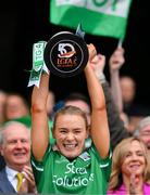 4 August 2024; Shannan McQuade of Fermanagh lifts the West County Hotel cup after the TG4 All-Ireland Ladies Junior Football Championship final match between Fermanagh and Louth at Croke Park, Dublin. Photo by Ray McManus/Sportsfile