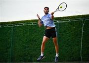 4 August 2024; Josh Roe Flannelly of Ireland in action against Imran Sibille of Morocco during the qualifying round match in the AIG Irish Open at Carrickmines Croquet Lawn & Tennis Club in Dublin. Photo by Harry Murphy/Sportsfile