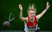 4 August 2024; Mary Cahill of Ennis Track A.C., Clare, competes in the women's weight for distance during the 123.ie National Masters Track and Field Championships in Tullamore, Offaly. Photo by Tyler Miller/Sportsfile