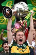 4 August 2024; Kerry captain Niamh Carmody lifts the Brendan Martin cup after the TG4 All-Ireland Ladies Football Senior Championship final match between Galway and Kerry at Croke Park in Dublin. Photo by Ray McManus/Sportsfile