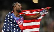 4 August 2024; Noah Lyles of Team United States celebrates winning the men's 100m final at the Stade de France during the 2024 Paris Summer Olympic Games in Paris, France. Photo by Sam Barnes/Sportsfile