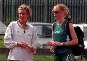 8 August 1998; Winner of the U17 Girls 80m Derval O'Rourke speaks to Irish hurdler Susan Smith during the Capri Sun Celtic Games at Morton Stadium in Santry, Dublin. Photo Ray McManus/Sportsfile