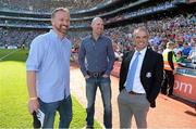 22 September 2013; MC Dáithí Ó Sé with European Team Ryder Cup captain Paul McGinley, right, and former Dublin footballer Brian Stynes ahead of the game. GAA Football All-Ireland Senior Championship Final, Dublin v Mayo, Croke Park, Dublin. Picture credit: Stephen McCarthy / SPORTSFILE