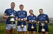 5 August 2024; Winners, from left, Senior hurler Fionán Mackessy of Kerry, U16 hurler Matthew O'Sullivan of Kerry, U16 camogie player Ona Kennedy of Kilkenny and Senior camogie player Molly Lynch of Cork with their trophies after the 2024 M. Donnelly GAA All-Ireland Poc Fada Finals at Annaverna Mountain in the Cooley Peninsula, Ravensdale, Louth. Photo by Ben McShane/Sportsfile