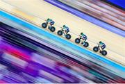 6 August 2024; Lara Gillespie, Mia Griffin, Alice Sharpe and Kelly Murphy of Team Ireland on their way to setting a new Irish national record of 4:12.447 during the Team Pursuit Qualifying at the Saint-Quentin-en-Yvelines National Velodrome during the 2024 Paris Summer Olympic Games in Paris, France. Photo by Alex Whitehead/Sportsfile