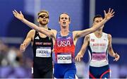 6 August 2024; Cole Hocker of Team United States celebrates winning the men's 1500m final ahead of Josh Kerr of Team Great Britain, left, and Jakob Ingebrigtsen of Team Norway at the Stade de France during the 2024 Paris Summer Olympic Games in Paris, France. Photo by Sam Barnes/Sportsfile