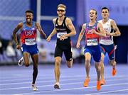 6 August 2024; Cole Hocker of Team United States crosses the finish line ahead of  Yared Nuguse of Team United States, left, Josh Kerr of Team Great Britain, and  Jakob Ingebrigtsen of Team Norway in the men's 1500m final at the Stade de France during the 2024 Paris Summer Olympic Games in Paris, France. Photo by Sam Barnes/Sportsfile