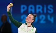 6 August 2024; Kellie Harrington of Team Ireland celebrates with her gold medal after defeating Wenlu Yang of Team People's Republic of China in their women's 60kg final bout at Court Philippe-Chatrier in Roland Garros Stadium during the 2024 Paris Summer Olympic Games in Paris, France. Photo by David Fitzgerald/Sportsfile