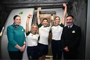 7 August 2024; Pictured are Paralmpics Ireland cycling athletes, from left, Josephine Healion, Martin Gordon and Eve McCrystal with cabin crew members Miriam Byrne and Damien Doyle. Today Aer Lingus welcomed members of Paralympics Ireland on board flight EI 486 to Lisbon as they departed for their training camp in Portugal ahead of representing Ireland on the global stage in Paris later this month. Aer Lingus, official airline partner of Paralympics Ireland, will bring #HomeAdvantage to Paris by transporting the athletes and coaching staff, as well as thousands of throughout the competition. Photo by Harry Murphy/Sportsfile