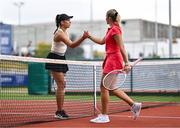 8 August 2024; Aleksandra Julia Zuchanska of Poland, left, and Franziska Sziedat of Germany after their match during day three of the AIG Irish Open at Carrickmines Croquet Lawn & Tennis Club in Dublin. Photo by Ben McShane/Sportsfile