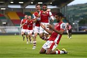 8 August 2024; Romal Palmer of St Patrick's Athletic celebrates after scoring his side's first goal during the UEFA Conference League third qualifying round first leg match between St Patrick's Athletic and Sabah at Tallaght Stadium in Dublin. Photo by Seb Daly/Sportsfile