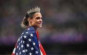 8 August 2024; Sydney McLaughlin-Levrone of Team United States celebrates after winning gold in the women's 400m hurdles final at the Stade de France during the 2024 Paris Summer Olympic Games in Paris, France. Photo by Sam Barnes/Sportsfile