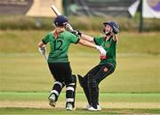 9 August 2024; Rebecca Lowe of Lisburn, right, is congratulated by teammate Lucy Humphreys after hitting the game winning boundary during the Cricket Ireland Youth All-Ireland U15 Girls T20 Cup semi-final match between Bready and Lisburn at Balbriggan Cricket Club in Dublin. Photo by Ben McShane/Sportsfile