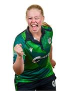 10 August 2024; Freya Sargent during an Ireland Women's cricket squad portraits session at Pembroke Cricket Club in Dublin. Photo by Seb Daly/Sportsfile