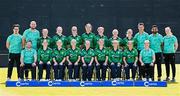 10 August 2024; Ireland Women's team and staff, back row, from left, strength & conditioning coach Calum Burdett, spin bowling coach James Cameron, Cara Murray, Christina Coulter-Reilly, Jane Maguire, Ava Canning, Una Raymond-Hoey, Freya Sargent, Alana Dalzell, performance & pathway coach Glenn Querl, performance analyst Jay Shelat and physiotherapist Catherine Simpson with, front row, from left, head coach Ed Joyce, Rebecca Stokell, Orla Prendergast, Gaby Lewis, Laura Delany, Arlene Kelly, Leah Paul, Amy Hunter and teams operation manager Beth Healy during an Ireland Women's cricket squad portraits session at Pembroke Cricket Club in Dublin. Photo by Seb Daly/Sportsfile