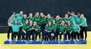 10 August 2024; Ireland Women's team and staff, back row, from left, strength & conditioning coach Calum Burdett, spin bowling coach James Cameron, Cara Murray, Christina Coulter-Reilly, Jane Maguire, Ava Canning, Una Raymond-Hoey, Freya Sargent, Alana Dalzell, performance & pathway coach Glenn Querl, performance analyst Jay Shelat and physiotherapist Catherine Simpson with, front row, from left, head coach Ed Joyce, Rebecca Stokell, Orla Prendergast, Gaby Lewis, Laura Delany, Arlene Kelly, Leah Paul, Amy Hunter and teams operation manager Beth Healy during an Ireland Women's cricket squad portraits session at Pembroke Cricket Club in Dublin. Photo by Seb Daly/Sportsfile