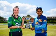 10 August 2024; Ireland captain Laura Delany, left, and Sri Lanka captain Anushka Sanjeewani during a captain's photocall at Pembroke Cricket Club in Dublin, ahead of the Women's T20 International Series between Ireland and Sri Lanka.  Photo by Seb Daly/Sportsfile