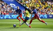 10 August 2024; Ludmila of Team Brazil has a shot on goal despite the attention of Samantha Coffey of Team United States during the women's gold medal match between Team Brazil and Team United States at Parc des Princes during the 2024 Paris Summer Olympic Games in Paris, France. Photo by Stephen McCarthy/Sportsfile