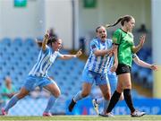 10 August 2024; Keelin Dodd of DLR Waves, 27, celebrates after scoring her side's second goal of the match during the SSE Airtricity Women's Premier Division match between DLR Waves and Peamount United at UCD Bowl in Belfield, Dublin. Photo by Thomas Flinkow/Sportsfile