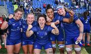 10 August 2024; Leinster players, from left, Ailsa Hughes, Emma Tilly, Aimee Clarke, Eimear Corri and Ruth Campbell celebrate after their side's victory in the Vodafone Women’s Interprovincial Championship Round One match between Leinster and Connacht at Energia Park in Dublin. Photo by Seb Daly/Sportsfile