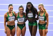 10 August 2024; The Team Ireland relay team, from left, Sophie Becker, Phil Healy, Rhasidat Adeleke, and Sharlene Mawdsley after the women's 4 x 400m relay final at the Stade de France during the 2024 Paris Summer Olympic Games in Paris, France. Photo by Brendan Moran/Sportsfile