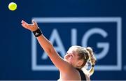 11 August 2024; Alice Gillan of Great Britain in action against Aleksandra Julia Zuchanska of Poland during the women's singles final on day six of the AIG Irish Open Tennis Championships at Carrickmines Croquet Lawn & Tennis Club in Dublin. Photo by Harry Murphy/Sportsfile