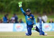 11 August 2024; Sri Lanka wicketkeeper Anushka Sanjeewani appeals for a wicket during match one of the Women's T20 International Series between Ireland and Sri Lanka at Sydney Parade in Dublin. Photo by Seb Daly/Sportsfile