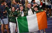 11 August 2024; Team Ireland athletes, from left, Ciara McGing, Dean Clancy, Jack Marley and Jude Gallagher during the closing ceremony of the 2024 Paris Summer Olympic Games at Stade de France in Paris, France. Photo by David Fitzgerald/Sportsfile