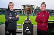 13 August 2024; Shamrock Rovers captain Áine O'Gorman, left, and Galway United captain Lynsey McKey during the Avenir Sports All-Island Cup Final media day at Tallaght Stadium in Dublin. Photo by Ben McShane/Sportsfile