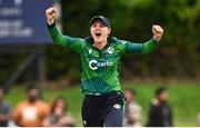 13 August 2024; Gaby Lewis of Ireland celebrates after her side's victory in match two of the Women's T20 International Series between Ireland and Sri Lanka at Pembroke Cricket Club in Dublin. Photo by Ramsey Cardy/Sportsfile