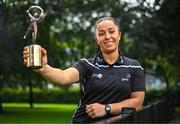 15 August 2024; PwC GPA Player of the Month for July in camogie, Dervla Higgins of Galway, with her award at Eyre Square in Galway. Photo by Sam Barnes/Sportsfile