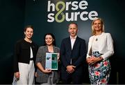 15 August 2024; Senator Pippa Hackett, Minister of State for Land Use and Biodiversity, right, with Horse Sport Ireland Geneticist Professor Donagh Berry, Horse Sport Ireland Geneticist Jennfer Doyle, centre, and Dr Sonja Egan, Head of Breeding Innovation and Development at Horse Sport Ireland during the launch of the Irish Draught Genetic Diversity Report 2024 at RDS Arena in Dublin. Photo by David Fitzgerald/Sportsfile