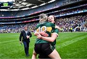 4 August 2024; Kerry players Niamh Carmody, 10, and Mary O'Connell celebrate after their side's victory in the TG4 All-Ireland Ladies Football Senior Championship final match between Galway and Kerry at Croke Park in Dublin. Photo by Piaras Ó Mídheach/Sportsfile