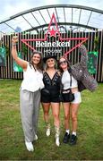 16 August 2024; Festival goers Caoimhe Farrell, left, Roisin Condren, centre, and Christine Smith, from St Joseph's, Laois, pictured at Heineken® House at Electric Picnic in Stradbally, Laois. Making its Irish debut after huge success at global festivals, Heineken® House puts festival goers front and centre with elevated areas, immersive dj experience and raised dance platforms. Production will elevate this unique build, with stunning visual and lighting design to create a spectacle that is a must see this Electric Picnic. Heineken® continues to champion Irish talent with a full lineup of local talent across the three days. Photo by Ramsey Cardy/Sportsfile