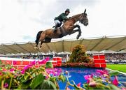 16 August 2024; Cian O'Connor of Ireland, competing on Fancy de Kergane, on the second run during Aga Khan Day at the Dublin Horse Show at the RDS Arena in Dublin. Photo by David Fitzgerald/Sportsfile