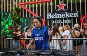 16 August 2024; Liza Alonge pictured on-stage at Heineken® House at Electric Picnic in Stradbally, Laois. Making its Irish debut after huge success at global festivals, Heineken® House puts festival goers front and centre with elevated areas, immersive dj experience and raised dance platforms. Production will elevate this unique build, with stunning visual and lighting design to create a spectacle that is a must see this Electric Picnic. Heineken® continues to champion Irish talent with a full lineup of local talent across the three days. Photo by Ramsey Cardy/Sportsfile