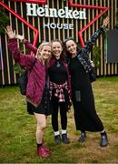 16 August 2024; Festival goers Aileen McGowan, Dee Potts and Miriam Molloy, from Ballinasloe, Galway, pictured at Heineken® House at Electric Picnic in Stradbally, Laois. Making its Irish debut after huge success at global festivals, Heineken® House puts festival goers front and centre with elevated areas, immersive dj experience and raised dance platforms. Production will elevate this unique build, with stunning visual and lighting design to create a spectacle that is a must see this Electric Picnic. Heineken® continues to champion Irish talent with a full lineup of local talent across the three days. Photo by Ramsey Cardy/Sportsfile