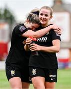 17 August 2024; Kerryanne Brown, right, and Laurie Ryan of Athlone Town celebrate after the SSE Airtricity Women's Premier Division match between Shelbourne and Athlone Town at Tolka Park in Dublin. Photo by Ben McShane/Sportsfile