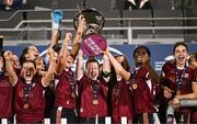 17 August 2024; Galway United captain Lynsey McKey lifts the Avenir Sports All-Island Cup after the final between Shamrock Rovers and Galway United at Tallaght Stadium in Dublin. Photo by Ben McShane/Sportsfile