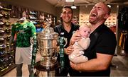 18 August 2024; Former League of Ireland goalkeeper Robert Birdsall with his son Robbie, age 10 weeks, alongside Kerry FC goalkeeper Antonio Tuta at the Sports Direct Men’s FAI Cup Trophy Tour at Sports Direct, Tralee, ahead of the Sports Direct Men’s FAI Cup Third Round clash between Kerry and Bohemians at Mounthawk Park in Tralee, Kerry. Photo by Piaras Ó Mídheach/Sportsfile