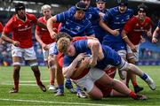 18 August 2024; Josh Mulligan of Leinster dive over to score a try during the U18 School's Interprovincial Round Two match between Leinster and Munster at Energia Park in Dublin. Photo by Shauna Clinton/Sportsfile