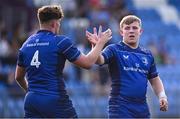 18 August 2024; Joe Elliot of Leinster, left, and team-mate John King celebrate after their victory in the U19 Interprovincial Round One match between Leinster and Munster at Energia Park in Dublin. Photo by Shauna Clinton/Sportsfile