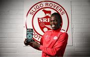 20 August 2024; Wilson Waweru of Sligo Rovers with his SSE Airtricity / SWI Player of the Month award for July 2024 at The Showgrounds in Sligo. Photo by Ramsey Cardy/Sportsfile