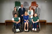 20 August 2024; In attendance during a Paris 2024 media briefing at Sport Ireland Institute in Dublin, are, front row, from left to right, Powerlifting Paralympian Britney Arendse, Paralympics Ireland President Eimear Breathnach, and Archery Paralympian Kerrie Leonard; back row, from left to right, Sport Ireland director of high performance Niamh O'Sullivan, Minister of State at the Department of Tourism, Culture, Arts, Gaeltacht, Sport and Media and Equality and at the Department of Education Thomas Byrne TD, Sport Ireland Chief Executive Dr Úna May, and Paralympics Ireland Chief Executive Stephen McNamara. Photo by Ramsey Cardy/Sportsfile