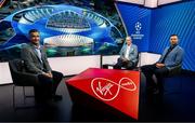 21 August 2024; Virgin Media presenter Tommy Martin, left, with, Brian Kerr and Damien Delaney, right, at Virgin Media Television's UEFA Champions League coverage in Ballymount, Dublin. Photo by Tyler Miller/Sportsfile