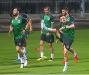 21 August 2024; Shamrock Rovers players including Richie Towell, centre, and Aaron Greene, right, during a squad training session at Toumba Stadium in Thessaloniki, Greece ahead of their UEFA Europa League play-off first leg match against PAOK. Photo by Moussiadis Yiannis/Sportsfile