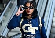 22 August 2024; Georgia Tech Yellow Jackets defensive back DJ Moore arrives at Dublin Airport ahead of the 2024 Aer Lingus College Football Classic match between Florida State and Georgia Tech this Saturday at the Aviva Stadium in Dublin. Photo by Sam Barnes/Sportsfile