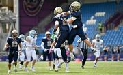 23 August 2024; Romeo Akin and Jackson Blanco of Windham School celebrate a completed pass during the GIFT High School match between Maclay School, Tallahassee, Florida, and Windham School, Windham, New Hampshire, at Energia Park in Dublin, ahead of the 2024 Aer Lingus College Football Classic match between Florida State and Georgia Tech on Saturday. Photo by Sam Barnes/Sportsfile